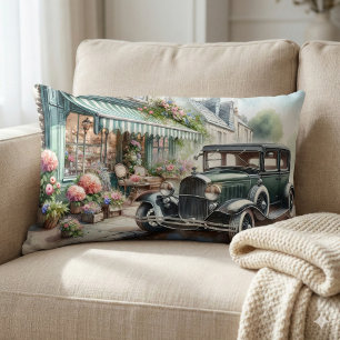 Vintage auto en charmante bloemenwinkel Waterverf Kussen