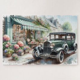Vintage auto en charmante bloemenwinkel Waterverf Legpuzzel