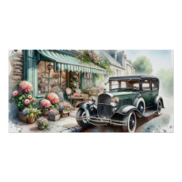 Vintage auto en charmante bloemenwinkel Waterverf Perfect Poster