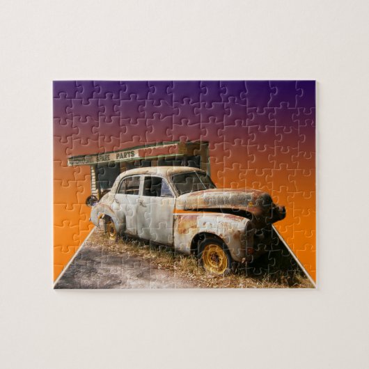 Vintage auto en garage popout kunst, puzzel (Horizontaal)