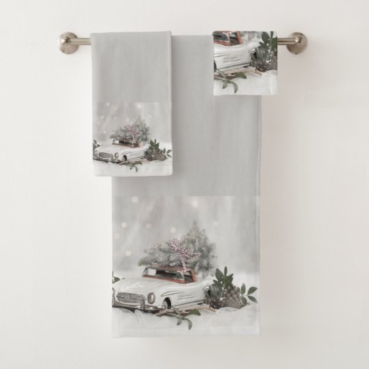 Vintage-auto en kerstboom op grijs bad handdoek (Insitu)