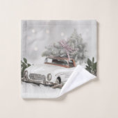 Vintage-auto en kerstboom op grijs bad handdoek (Wasdoekje)