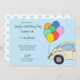 Vintage-auto en kleurrijke ballonnen die de dag va kaart
