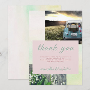 Vintage auto foto typografie bloemenunieke bruilof bedankkaart