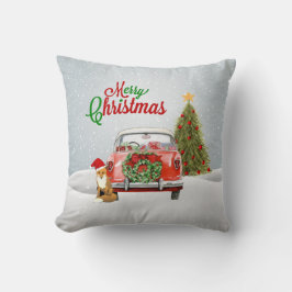 Vintage-auto geparkeerd door kerstboom en vosseneg kussen