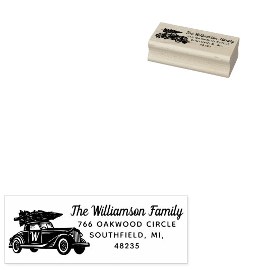 Vintage Auto Kerstboom Monogram Adres Rubberstempel (Gestempeld)