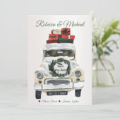 Vintage auto Kerstmis save the date Uitnodiging (Staand voorkant)