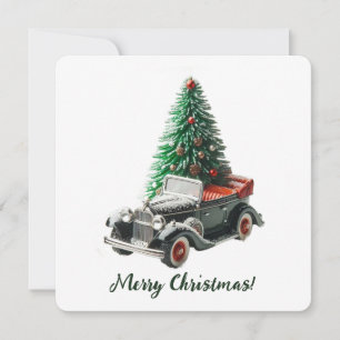 Vintage auto met kerstboom feestdagenkaart
