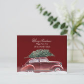 Vintage auto met kerstboom sneeuwt feestdagenkaart (Staand voorkant)