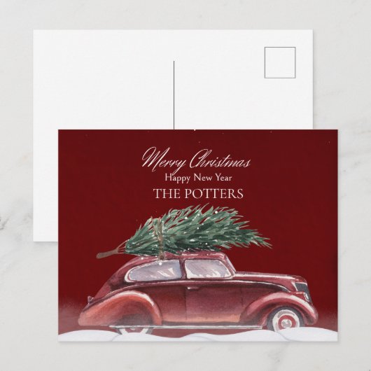 Vintage auto met kerstboom sneeuwt feestdagenkaart (Voorkant / Achterkant)