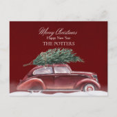 Vintage auto met kerstboom sneeuwt feestdagenkaart (Voorkant)