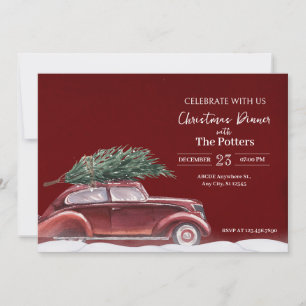 Vintage auto met kerstboom sneeuwt kaart