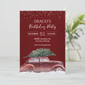 Vintage auto met kerstboom sneeuwt verjaardag kaart (Staand voorkant)