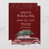 Vintage auto met kerstboom sneeuwt verjaardag kaart (Voorkant / Achterkant)