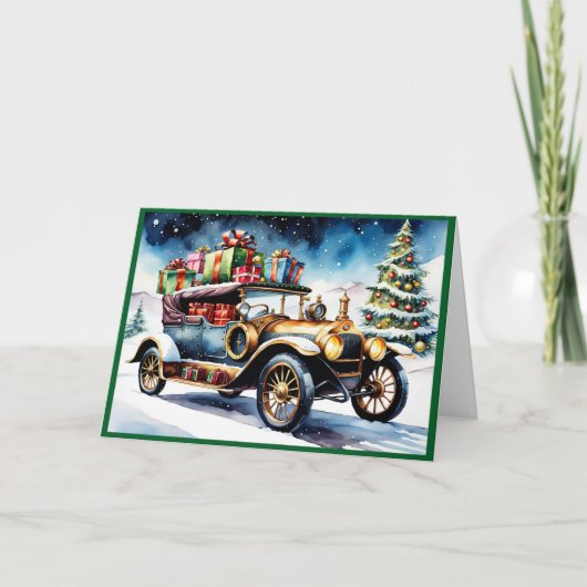 Vintage auto met kerstcadeaus feestdagen kaart (Voorkant)