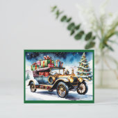 Vintage auto met kerstcadeaus feestdagenkaart (Staand voorkant)