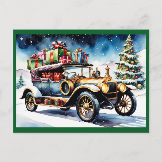 Vintage auto met kerstcadeaus feestdagenkaart (Voorkant)