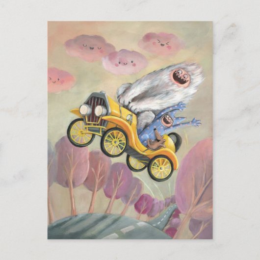 Vintage-auto met monsters briefkaart (Voorkant)