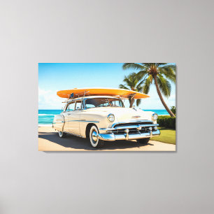 Vintage auto op het strand met surven plank canvas afdruk
