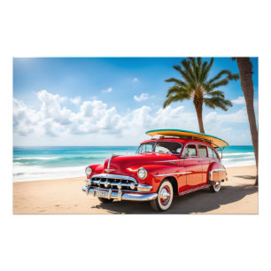 Vintage auto op het strand met surven plank foto afdruk