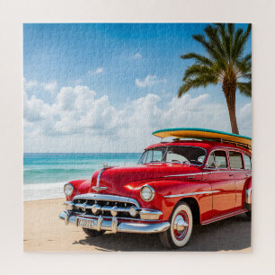 Vintage auto op het strand met surven plank legpuzzel