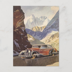Vintage-auto op Mountain Road in Winter met sneeuw Briefkaart