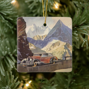 Vintage-auto op Mountain Road in Winter met sneeuw Keramisch Ornament