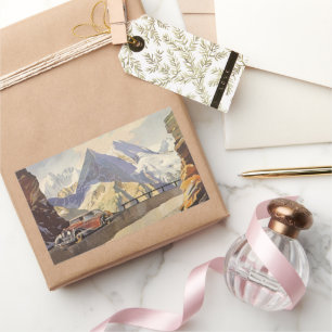 Vintage-auto op Mountain Road in Winter met sneeuw Rechthoekige Sticker