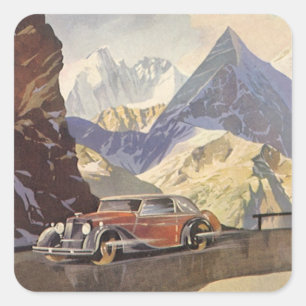 Vintage-auto op Mountain Road in Winter met sneeuw Vierkante Sticker