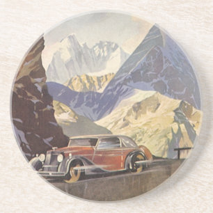 Vintage-auto op Mountain Road in Winter met sneeuw Zandsteen Onderzetter