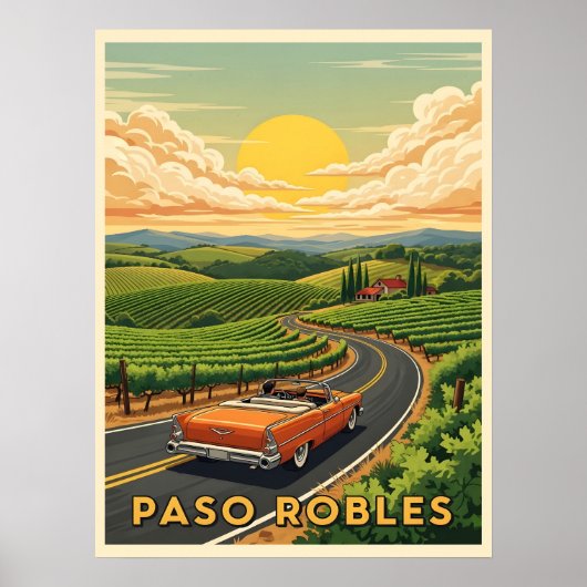 Vintage auto paso berooft wijnland bij zonsonderga poster (Voorkant)