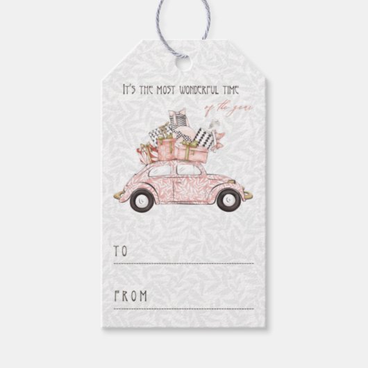 Vintage Auto Roze Kerstmis Cadeaulabel (Voorkant)