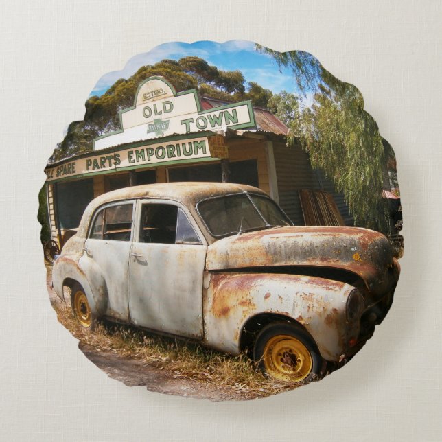 Vintage auto's en garage, rond kussen (Voorkant)
