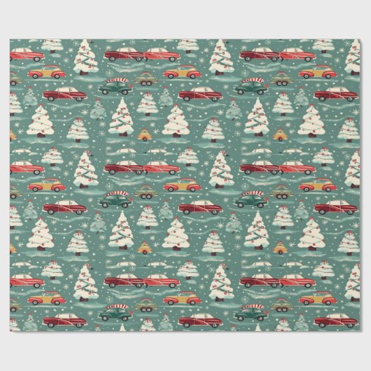 Vintage auto's van kerstbomen cadeaupapier (Vlak)