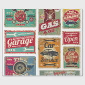 Vintage autoservice en benzinestation  metaal cadeaupapier (Vlak)