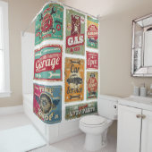 Vintage autoservice en benzinestation  metaal douchegordijn (In situ)