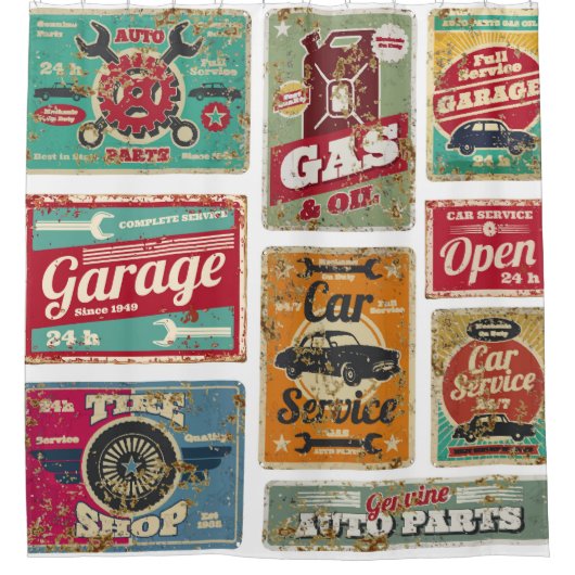 Vintage autoservice en benzinestation  metaal douchegordijn (Voorkant)