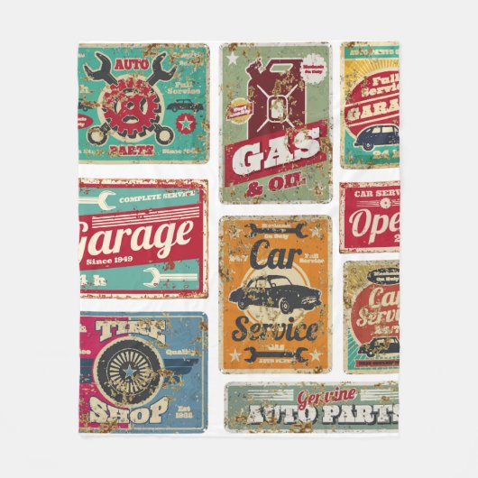 Vintage autoservice en benzinestation metaal fleece deken (Voorkant)