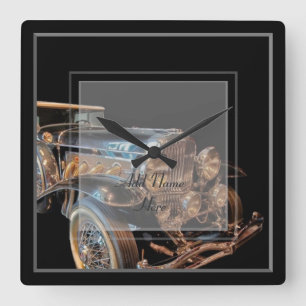 Vintage autowandklok vierkant - naam toevoegen aan vierkante klok