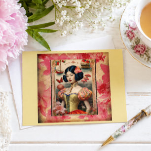 Vintage Aziatisch Portret Bloemrijke Romantiek Briefkaart