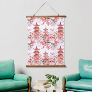 Vintage Aziatische Pagode Roze Bloesem Schilderkun Hangend Wandkleed