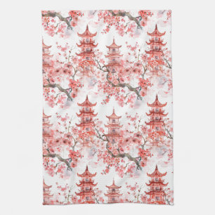 Vintage Aziatische Pagode Roze Bloesem Schilderkun Theedoek