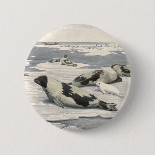 Vintage baardrobben in arctische sneeuw door Louis Ronde Button 5,7 Cm