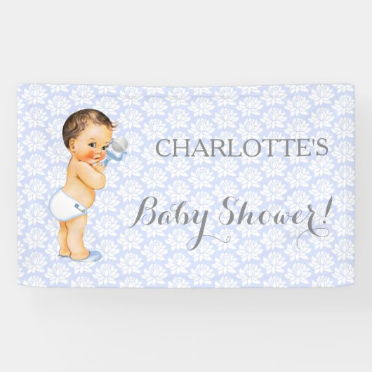 Vintage Baby Jongen Blauw Wit & Grijs Spandoek (Horizontaal)