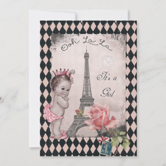 Vintage Baby shower Eiffeltoren Roos Kaart (Voorkant)