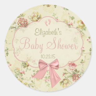 Vintage Baby shower "Floral Peach Bow" Ronde Sticker