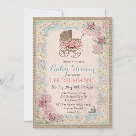 Vintage babyshower wandelwagen bloemen uitnodiging (Voorkant)