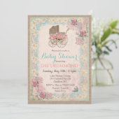 Vintage babyshower wandelwagen bloemen uitnodiging (Staand voorkant)