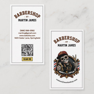 Vintage Barbershop Schedel Mascotte Kapsalon QR Visitekaartje