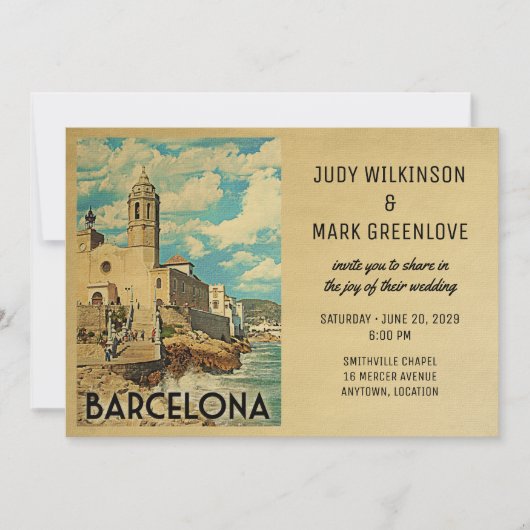 Vintage Barcelona Wedding Invitation Spanje Kaart (Voorkant)